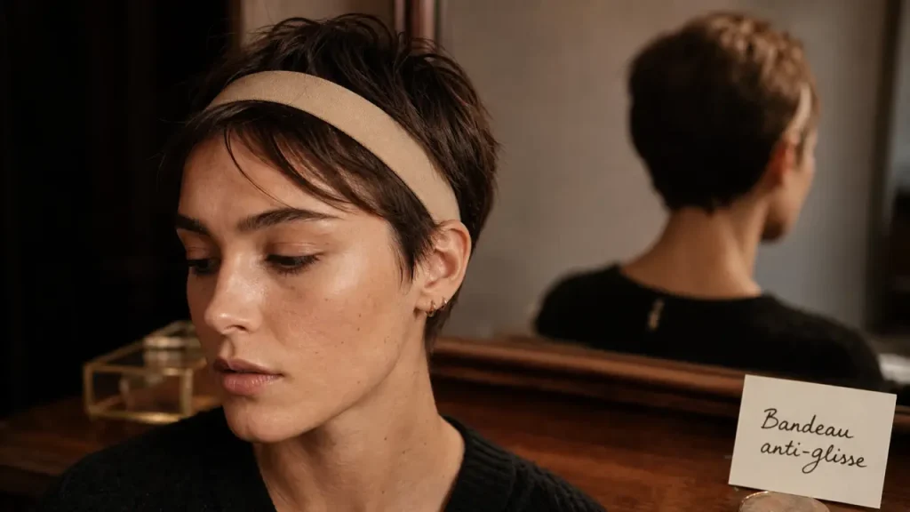 Bandeau cheveu court anti-glisse, largeur idéale pour éviter de tasser le visage