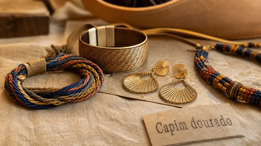 Bijoux brésiliens tressés et capim dourado sur lin beige, gros plan.