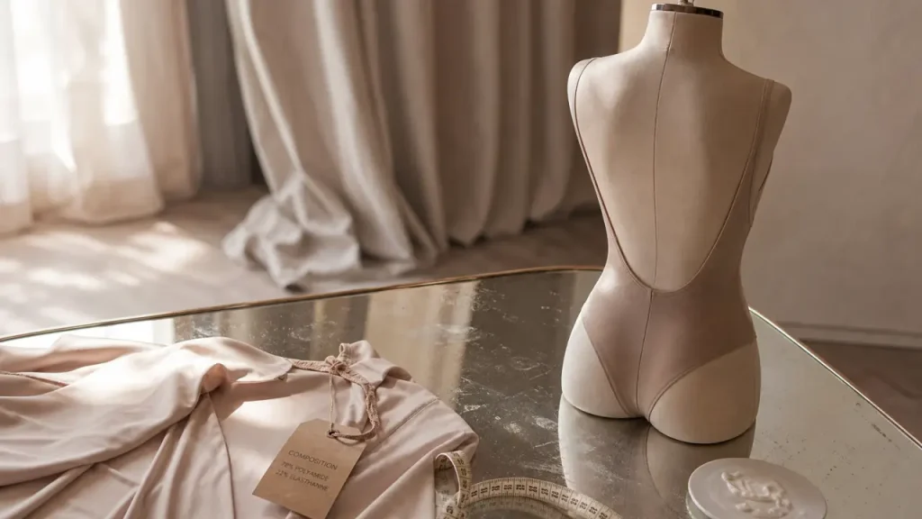 Body dos nu gainant nude sur mannequin, lisse ventre et dos sous robe