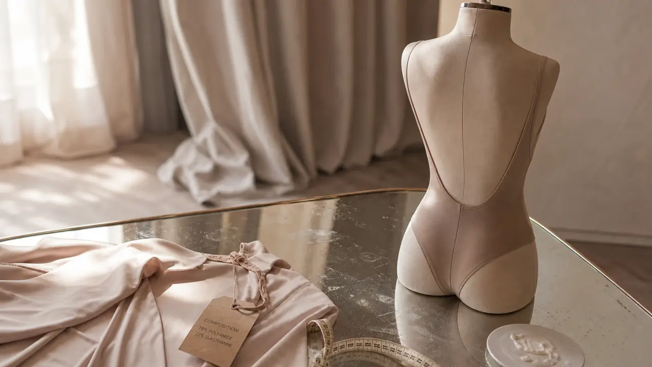 Body dos nu gainant nude sur mannequin, lisse ventre et dos sous robe