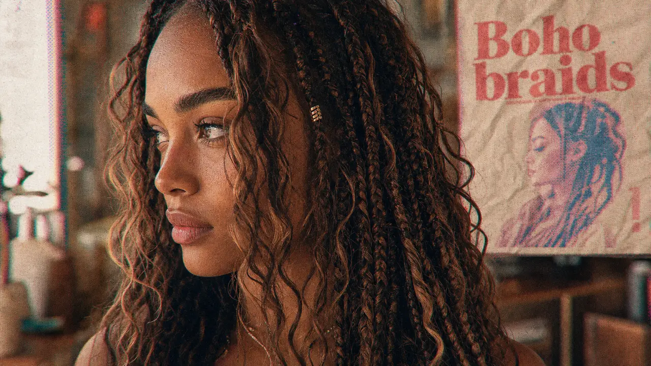 Boho braids : tresses nettes et mèches bouclées encadrant le visage