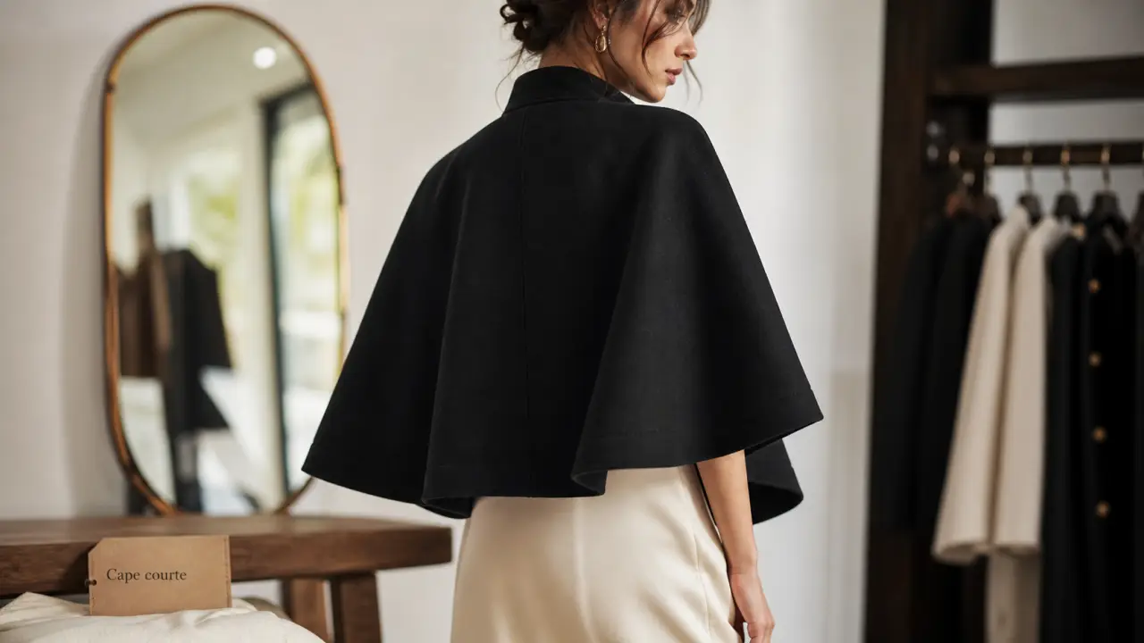 Cape courte noire : vue mode de dos, tissu et coupe