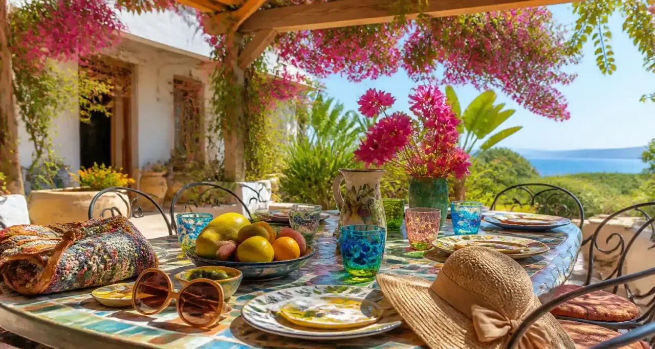 Déjeuner extérieur sous une pergola, accessoires de mode et art de vivre