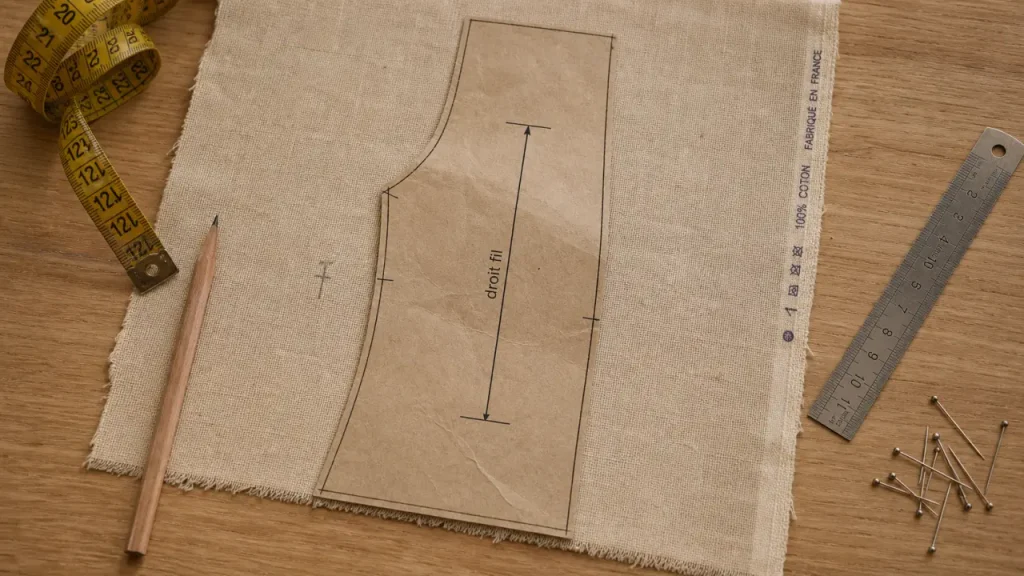 Droit fil en couture : flèche de patron sur tissu pour éviter plis et déformations