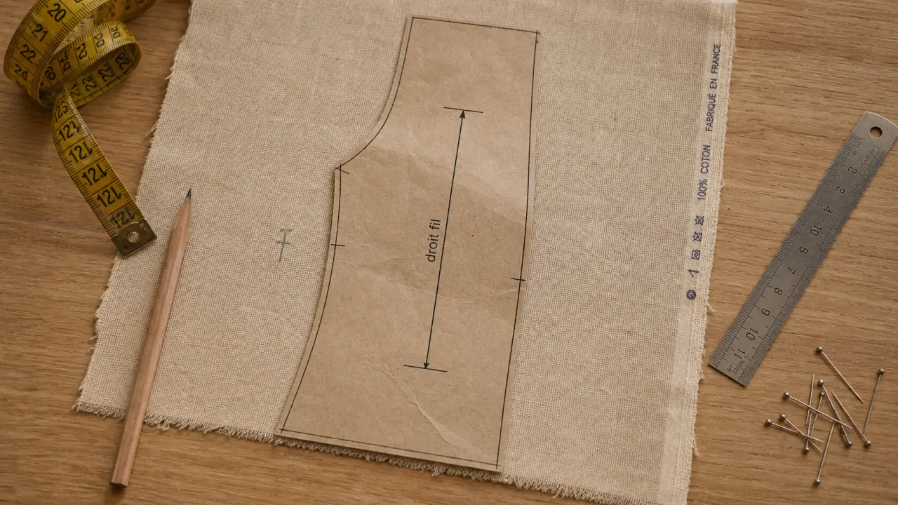 Droit fil en couture : flèche de patron sur tissu pour éviter plis et déformations