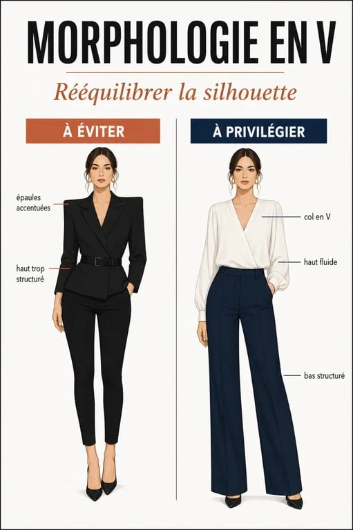 Morphologie en V : illustration des vêtements qui équilibrent la silhouette