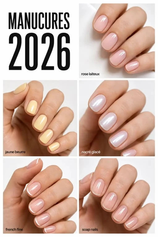 Ongles 2026 tendance : sélection de manucures courtes en rose laiteux, butter yellow et glazed nails