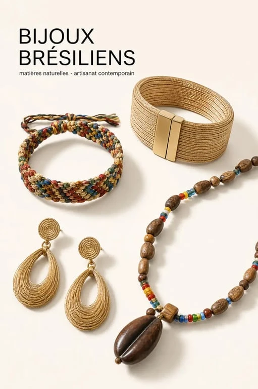 Bijoux brésilien en assortiment avec bracelet tressé, capim dourado et graines naturelles