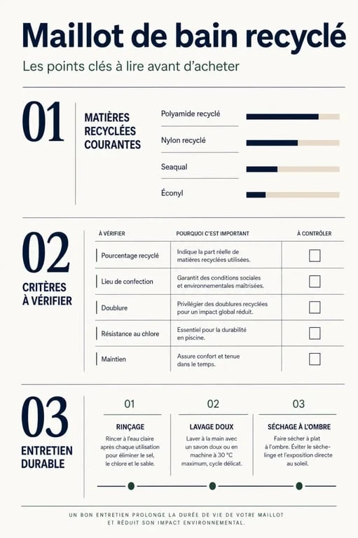Infographie éditoriale sur le maillot de bain recyclé, avec matières, critères de choix et entretien