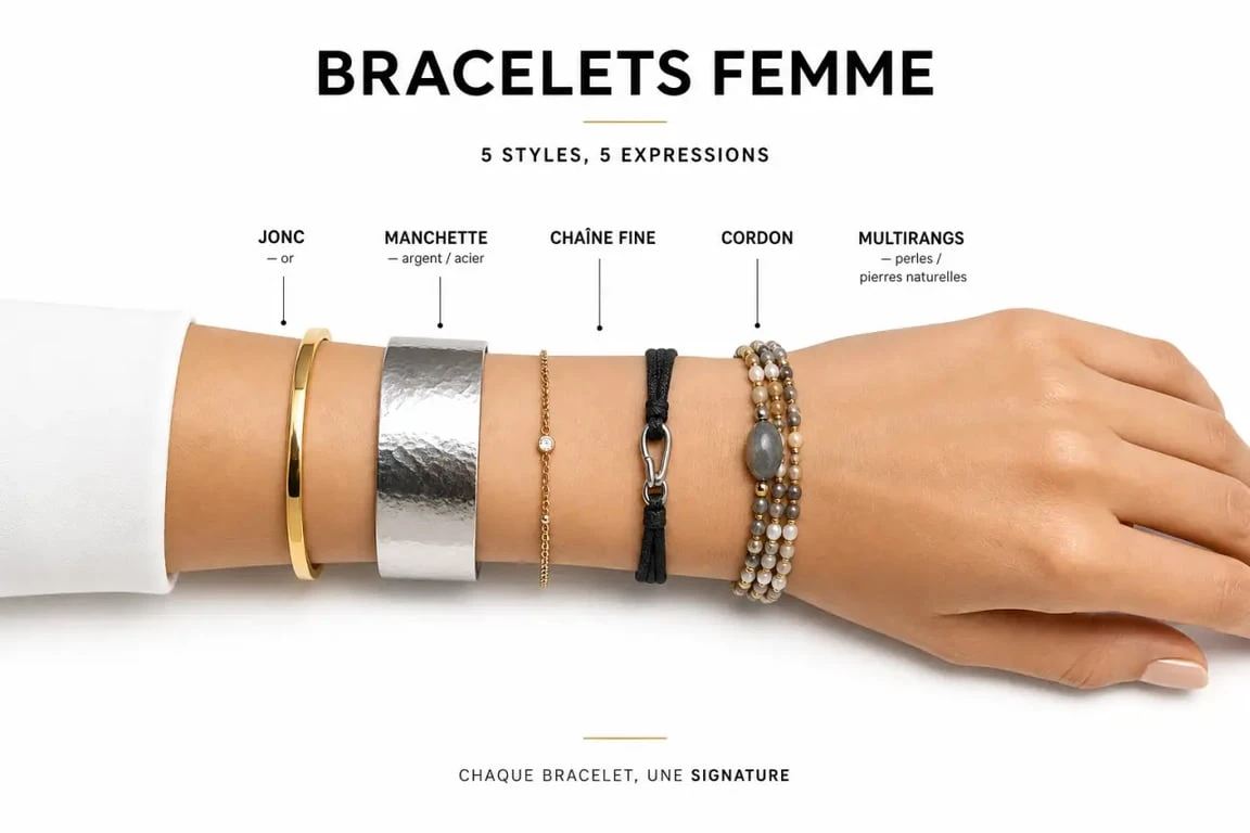 Comparatif visuel des bracelets femme : jonc, manchette, chaîne, cordon et multirangs