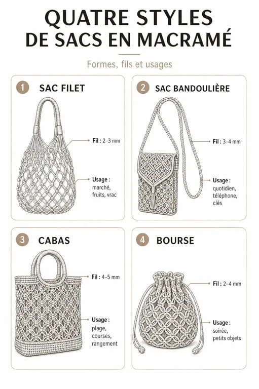 Infographie des différents modèles de sac macramé : filet, bandoulière, cabas et bourse