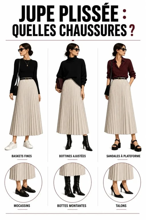 Quelles chaussures avec jupe longue plissée : illustration comparative de baskets fines, bottines, bottes, mocassins et talons