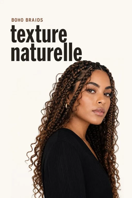 Boho braids sur cheveux longs avec mèches bouclées souples et tresses nettes