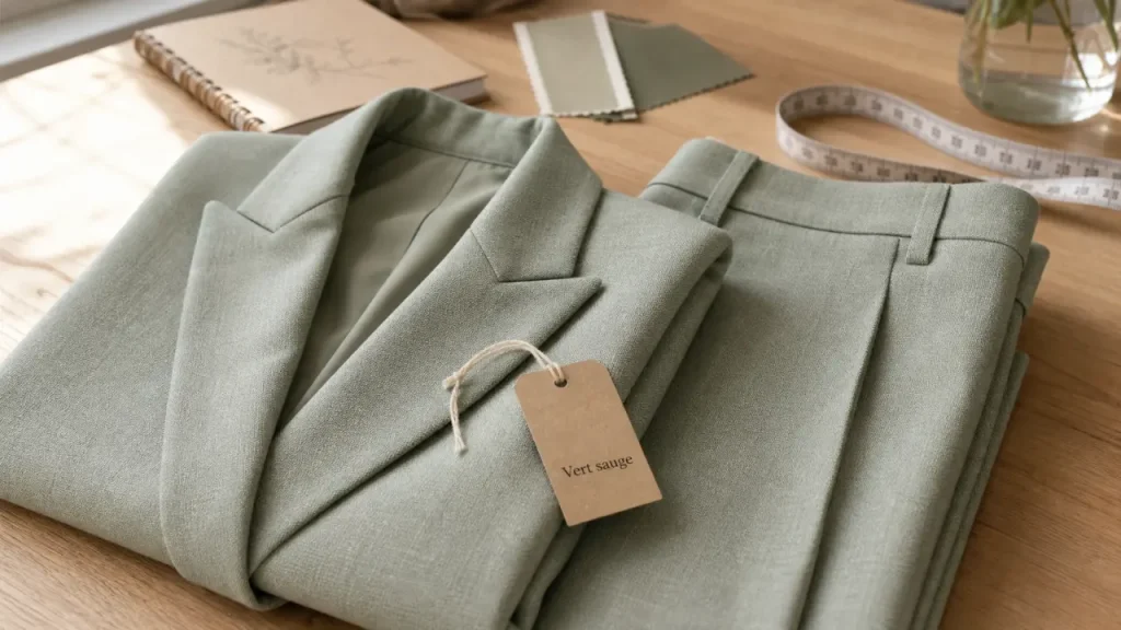 Ensemble vert sauge femme, tailleur blazer et pantalon large