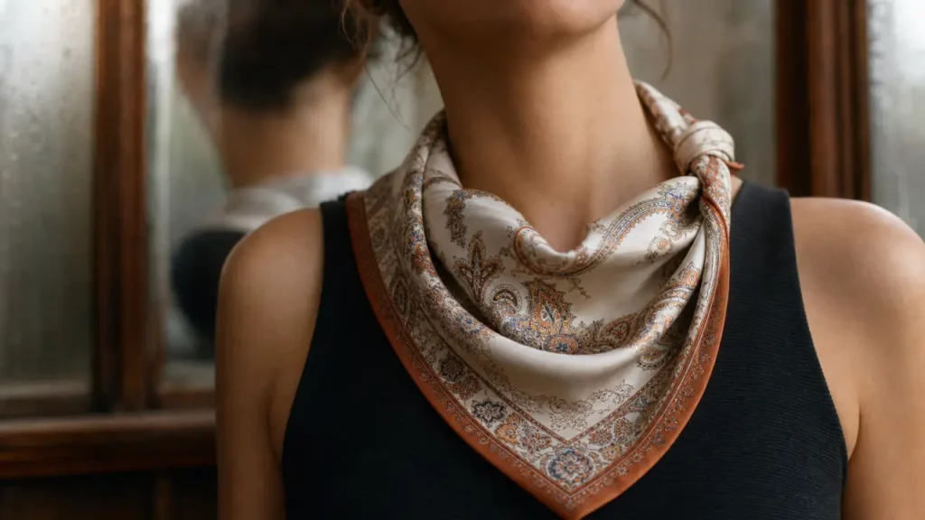 Foulard autour du cou en soie, nœud simple chic, gros plan cou et menton