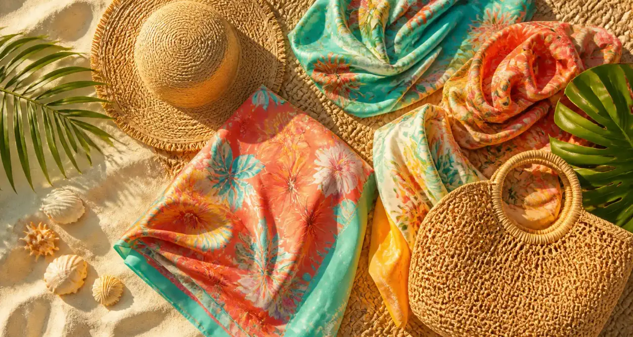 Composition estivale de mode colorée éco-responsable sur sable doré : paréo imprimé corail et turquoise, chapeau de paille, foulards de soie et feuilles tropicales
