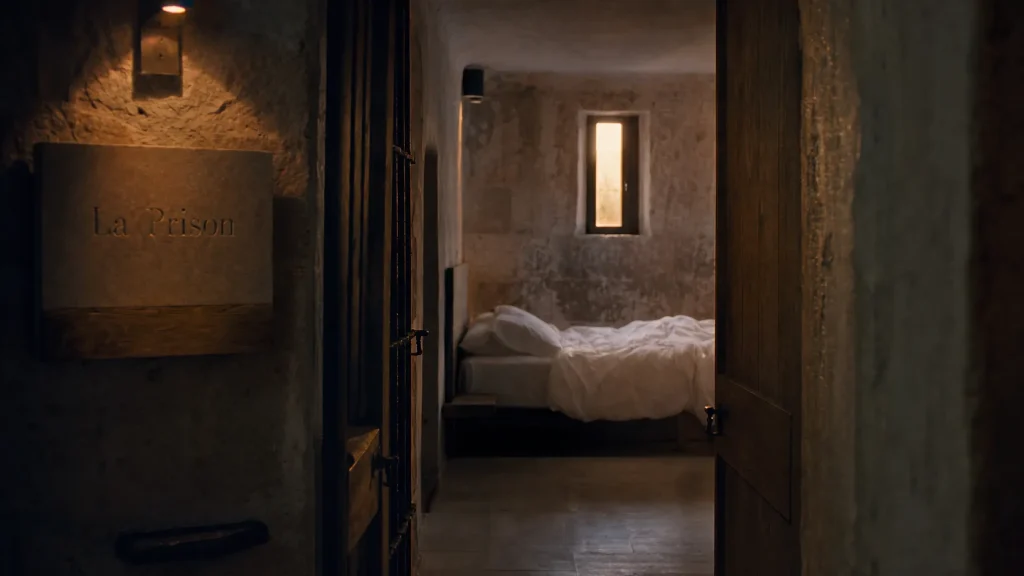 Hotel original en France : chambre en ancienne prison, literie et pierres restaurées
