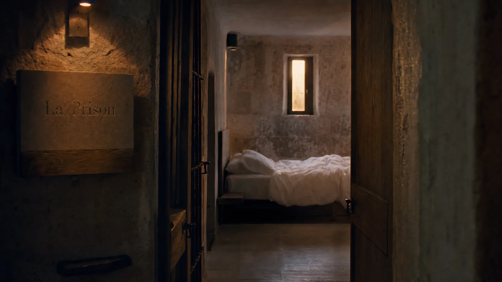 Hotel original en France : chambre en ancienne prison, literie et pierres restaurées