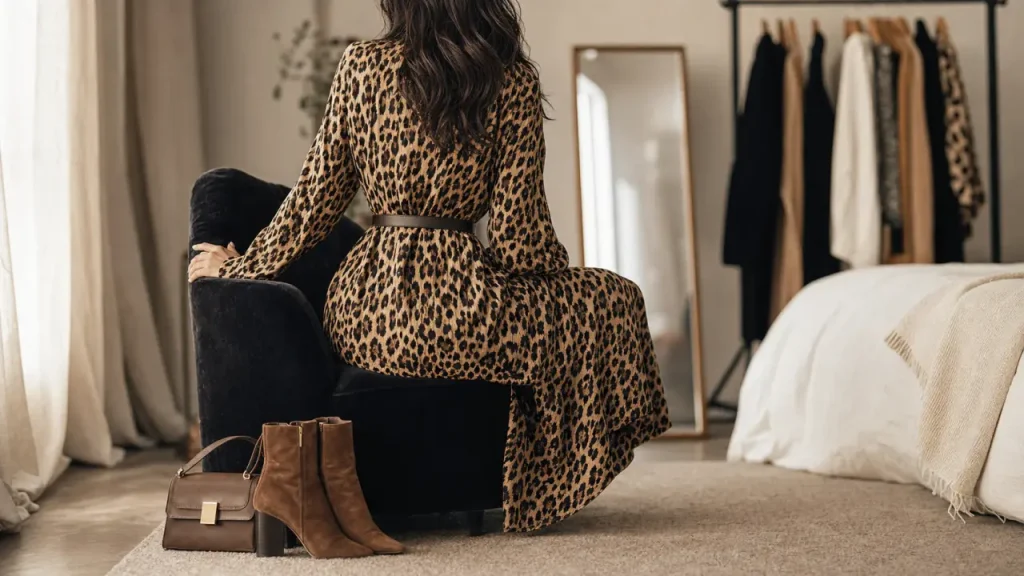 Léopard mode : robe léopard midi ceinturée, look élégant sans surcharge