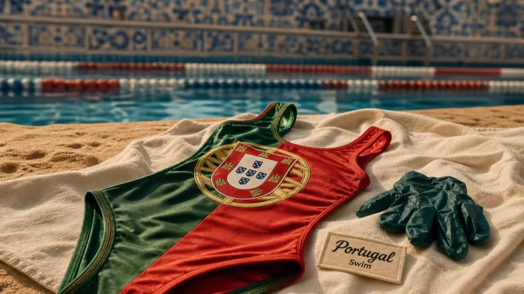 Maillot de bain du portugal vert et rouge, motif azulejos sur serviette
