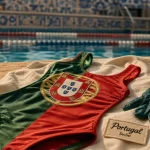 Maillot de bain du portugal vert et rouge, motif azulejos sur serviette