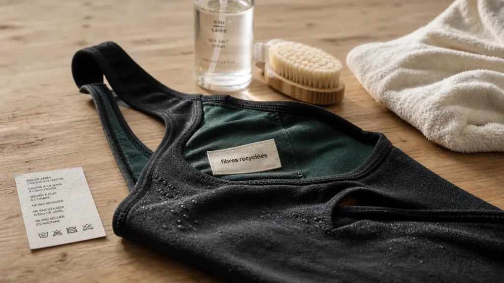 Maillot de bain recyclé, fibres recyclées et étiquette intérieure visible