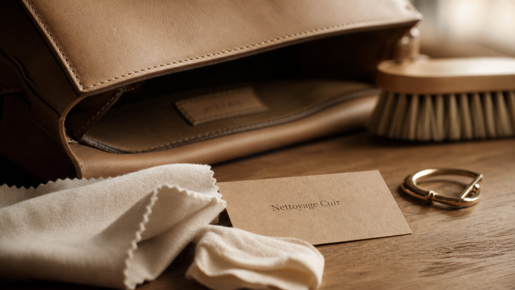 Nettoyer un sac en cuir, microfibre et chiffon sur sac beige