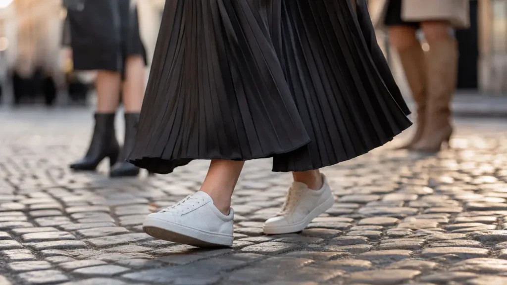 Quelles chaussures avec jupe longue plissée pour éviter l’effet tassé : baskets blanches, bottines noires, bottes