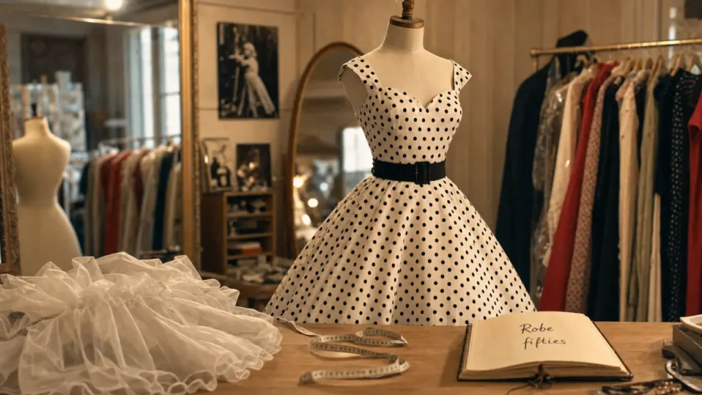 Robe année 50 vintage : taille marquée, jupe évasée et robe crayon