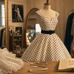 Robe année 50 vintage évasée pois noir et blanc sur mannequin