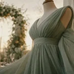 Robe sauge pour mariage, tissu fluide sur mannequin