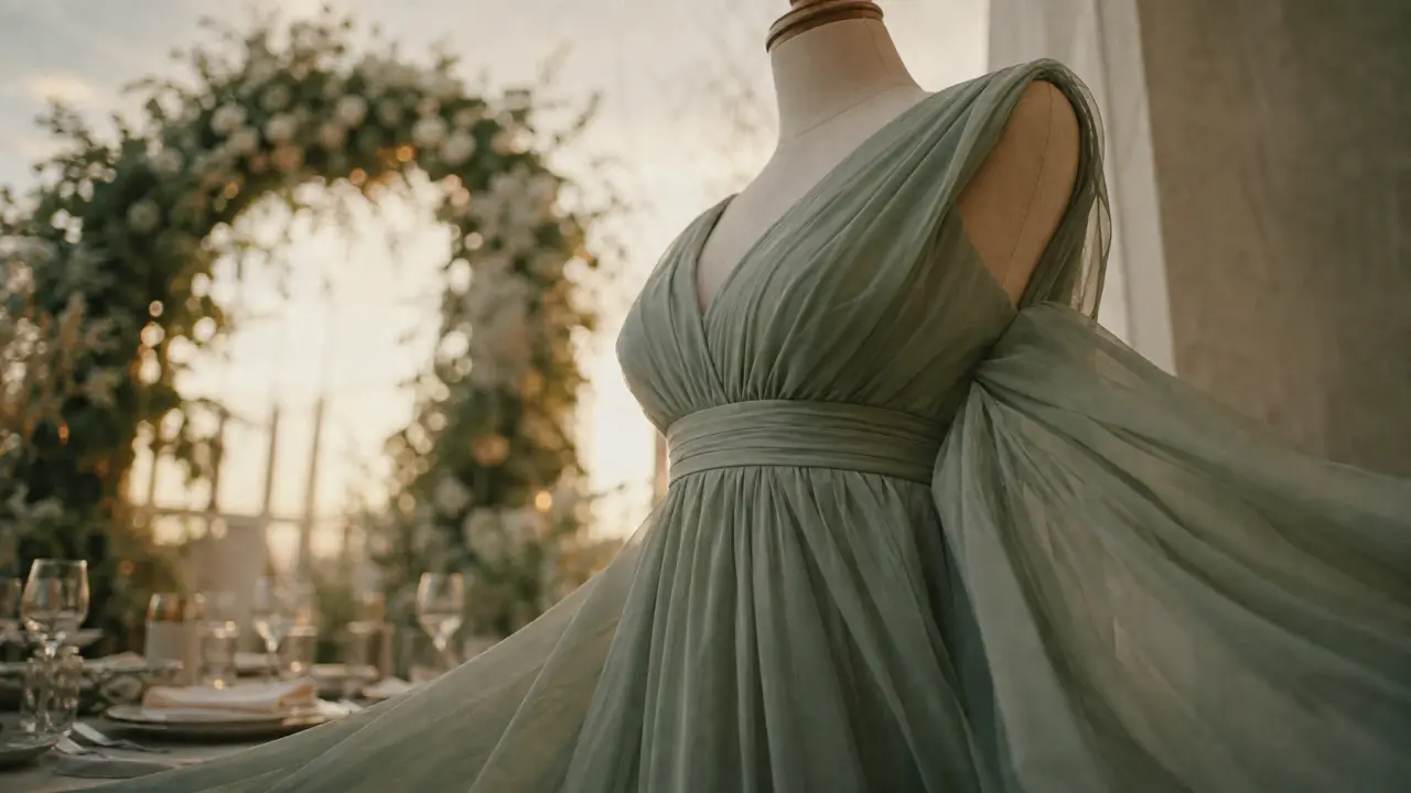 Robe sauge pour mariage, tissu fluide sur mannequin