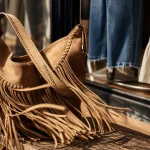 sac a main à franges en daim camel, vue gros plan