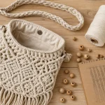 Sac macramé bohème en coton, nœuds visibles sur table bois clair