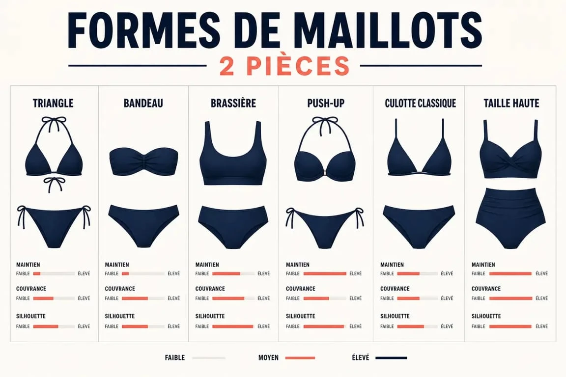 Comparatif des formes de grain de sable maillot bain : triangle, bandeau, brassière et culotte taille haute