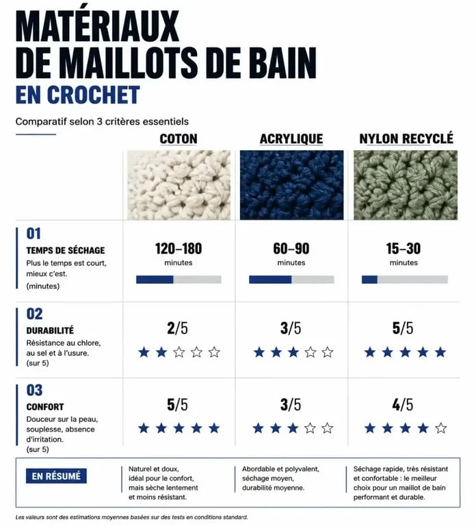 Comparatif des matériaux pour maillot de bain crochet : coton, acrylique et nylon recyclé