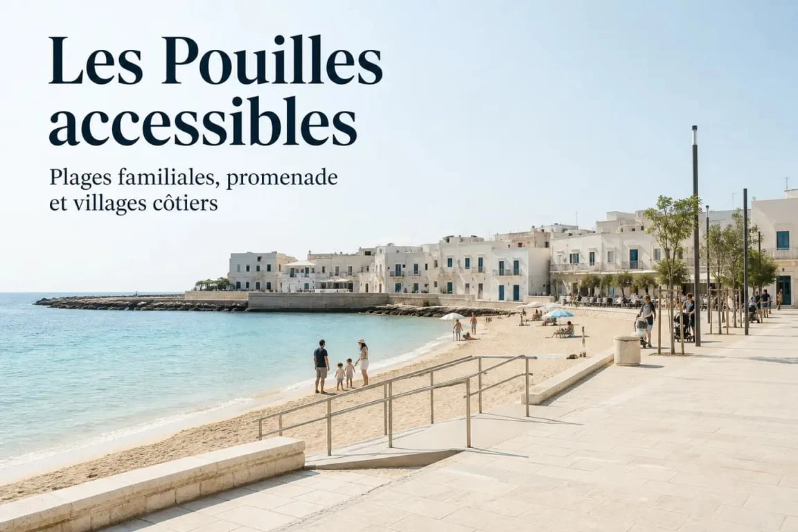 Vacances au bord de la mer en Italie : plage familiale dans les Pouilles avec village côtier en arrière-plan