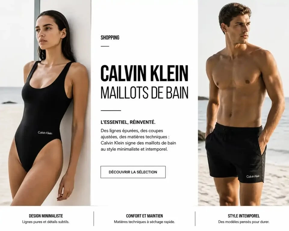 Maillot de bain calvin klein en version femme une pièce et homme short de bain, visuel comparatif éditorial