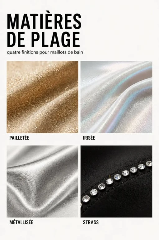 Maillot de bain pailleté : comparaison visuelle des finitions pailleté, irisé, métallisé et strass