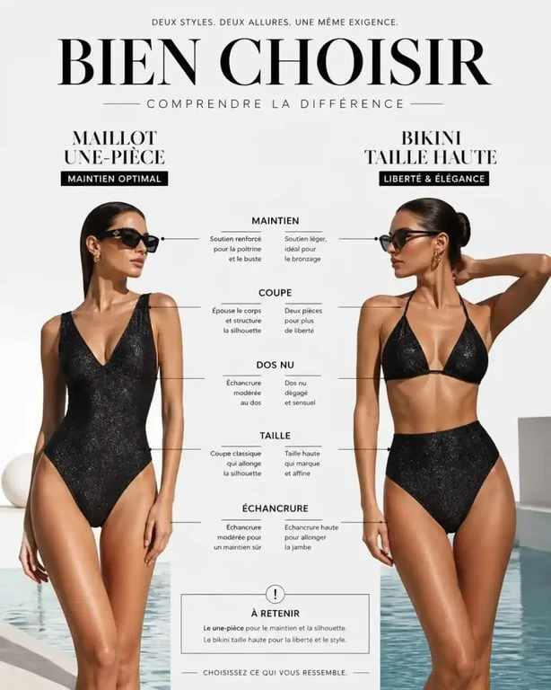 Maillot de bain pailleté : comparaison des coupes une-pièce et bikini pour la silhouette
