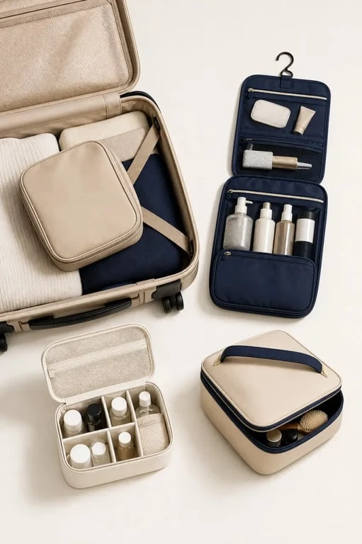 Trousse de toilette femme voyage avec exemples de formats et organisation dans une valise