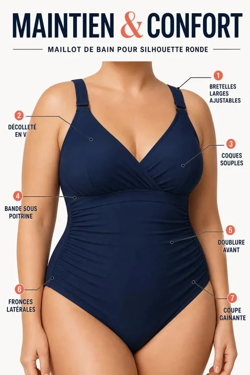 Maillot de bain pour les femmes rondes : gros plan des détails de maintien avec armatures, bretelles larges, fronces et décolleté en V