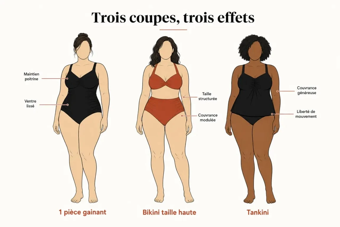 Maillot de bain pour les femmes rondes : comparaison visuelle du 1 pièce gainant, du bikini taille haute et du tankini