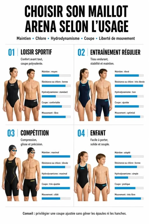 Infographie maillot de bain arena : choisir selon le loisir, l’entraînement, la compétition et l’enfant