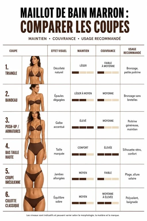 Comparatif des coupes de maillot de bain marron selon le maintien et la couvrance