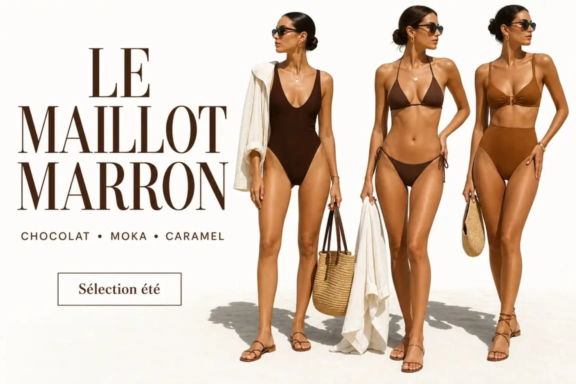 Maillot de bain marron en lookbook éditorial sur la plage avec plusieurs coupes chic