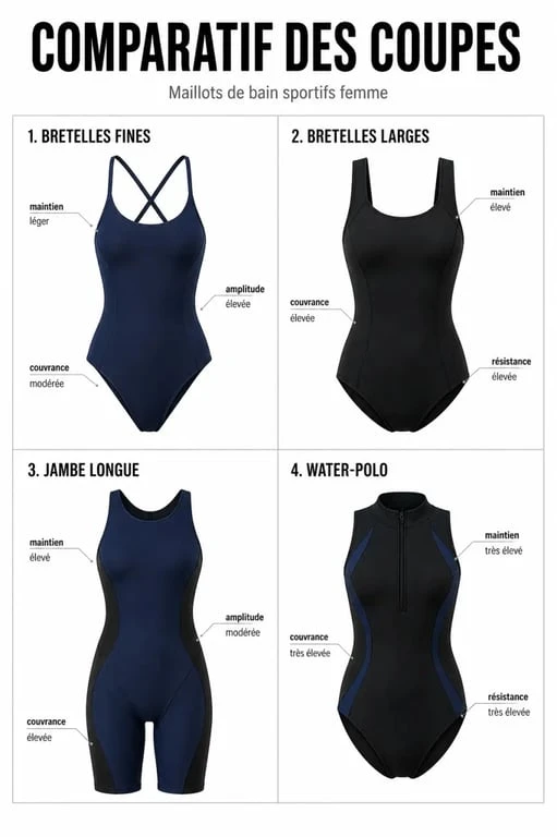 Turbo maillot de bain : comparaison visuelle des coupes femme pour natation, water-polo et entraînement