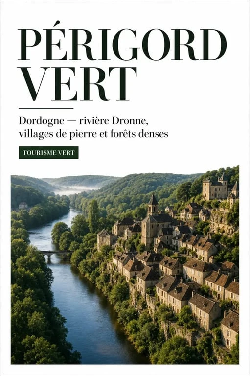 Tourisme vert dordogne : paysage du Périgord Vert avec la Dronne et un village en pierre