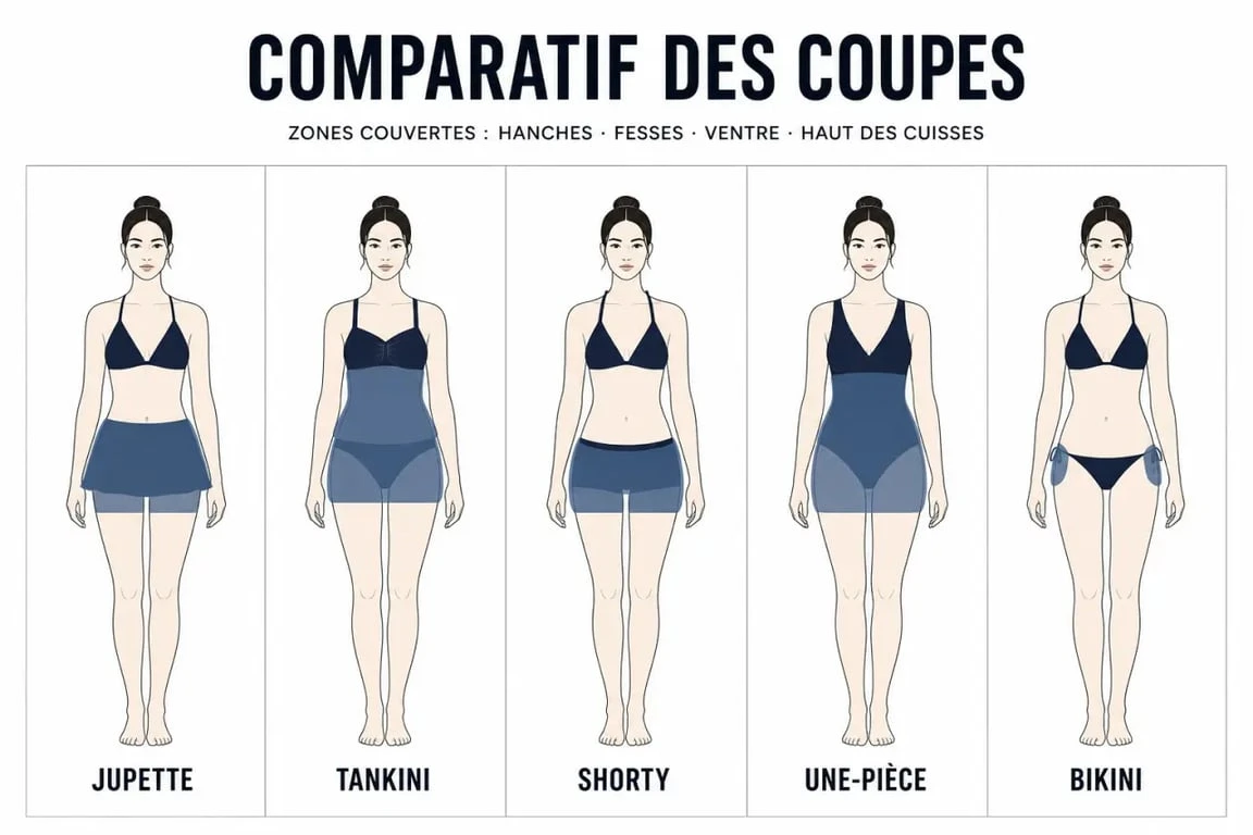 Comparatif visuel jupette pour maillot de bain, tankini, shorty, une-pièce et bikini avec zones de couverture