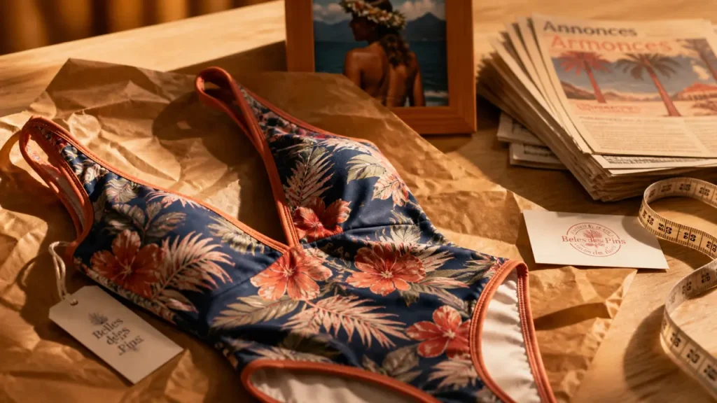 Maillot de bain belle des pins déplié, comparaison tailles, état et prix